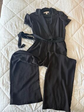 Monteau Black Short Sleeve Wrap-Front Jumpsuit with Tie Waist
